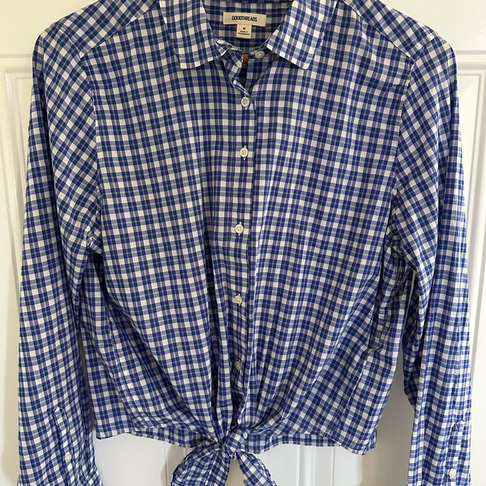 Goodthreads Blue Plaid Shirt Tie Front